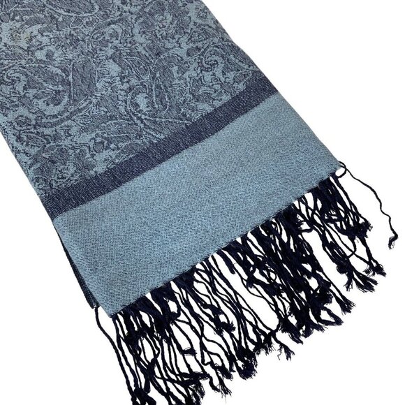 Pashmina Silk Blend Fringed Blue Paisley Scarf Shawl Wrap Soft Accessory - Picture 1 of 6
